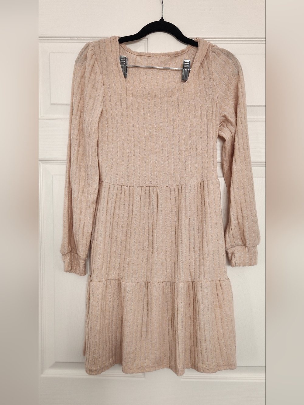 Ribbed Long Sleeve Tiered Knit Dress - Beige